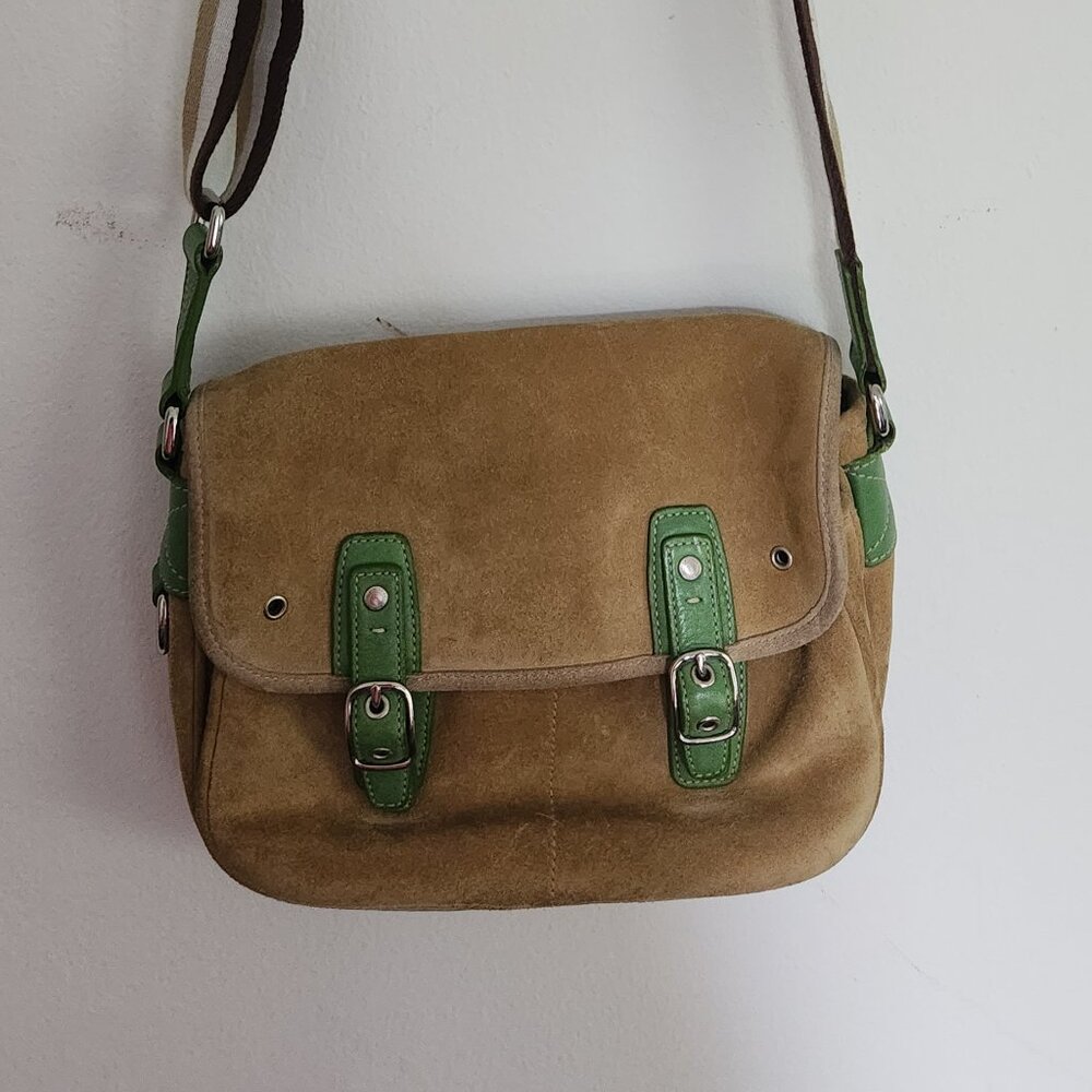 Coach tan/pea green suede purse with striped canvas strap